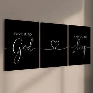 3-count wooden frame canvas, hand it over to God to sleep, minimalist black and white healing poster, fashionable family poster, modern living room decoration, suitable for corridor and bedroom walls, waterproof art