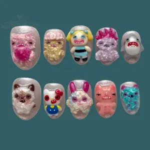 Handmade Weirdcore 3D Monster Press Ons, Cursed Character Meme Fake Nails, Funny Derpy Shark Custom Gel, Ugly Cute Y2K Nails