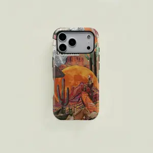 Orange Western-style Retro Cowboy Desert Patchwork Double-layer Protective Case, Sturdy and Durable 2-in-1 Case,phone Case Suitable for Iphone 11/12/13/14/15/16/17 Pro Promax Plus Air, Simple and Stylish