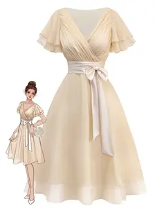 RETRO STAGE Women's 1950s V-Neck Satin Belt Tulle Cocktail Dress - Ruffled Sleeves, Bow Detail, Polyester Formal Wear for Vintage Elegance, Elegant Fashion Chic, Dress for Graduation