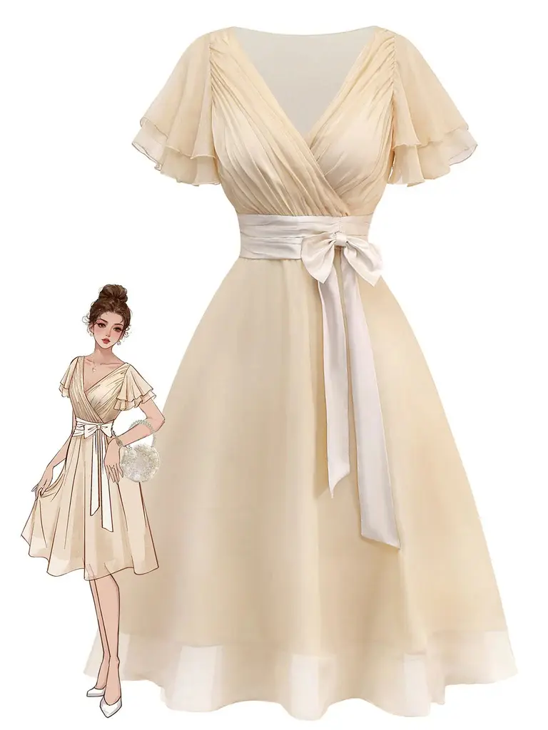 RETRO STAGE Women's 1950s V-Neck Satin Belt Tulle Cocktail Dress - Ruffled Sleeves, Bow Detail, Polyester Formal Wear for Vintage Elegance, Elegant Fashion Chic, Dress for Graduation - TikTok Shop RETRO STAGE Women's 1950s V-Neck Satin Belt Tulle Cocktail Dress - Ruffled Sleeves, Bow Detail, Polyester Formal Wear for Vintage Elegance, Elegant Fashion Chic, Dress for Graduation - TikTok Shop