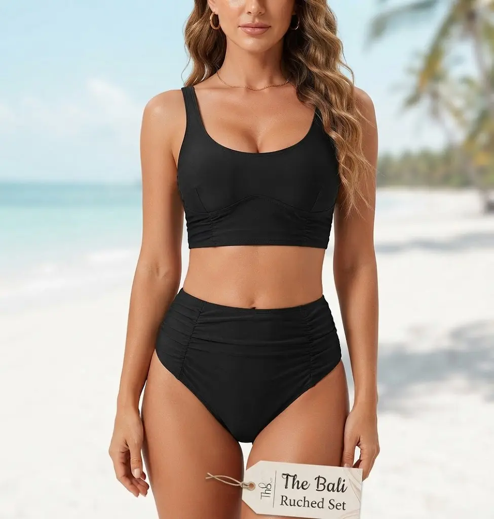Women's  Trending High-Waisted Black Ruffle 2-Piece Tankini Set - U-Neck Double Strap Crop Top, Ruffle Boy Shorts, Elastane Slimming Modest Beach Swimwear
