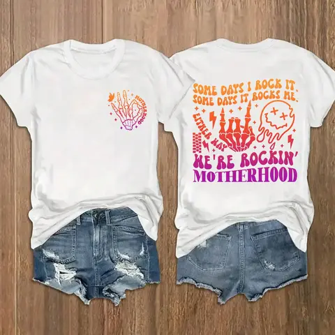 Women's Letter & Skeleton Hand Print Round Neck Graphic Tee, Vintage Trendy Casual Oversized Short Sleeve T-shirt for Daily Wear, Ladies Summer Outfit, Casual Tee Shirts