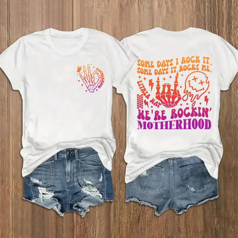 Women's Letter & Skeleton Hand Print Round Neck Graphic Tee, Vintage Trendy Casual Oversized Short Sleeve T-shirt for Daily Wear, Ladies Summer Outfit, Casual Tee Shirts