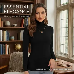 Women's Slim Fitted Turtleneck Long Sleeve Shirt - Lightweight Base Layer Casual Top for Everyday Wear, Layering, Office, and Outfits, Comfortable Stretch Fabric, Essential Wardrobe Piece