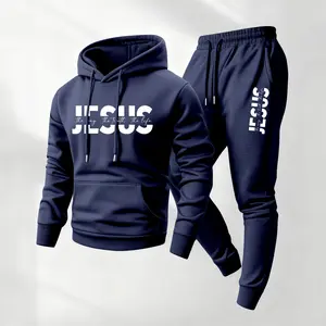 Men's Jesus Printed Hoodie and Drawstring Sweatpants Set, Menswear, Casual Athletic Long Sleeve Hooded Jacket & Trousers for Fall & Winter, Men's Clothing for Daily Wear, Sportswear Indoor Outdoor, Tracksuit, Athleisure Summer Clothes