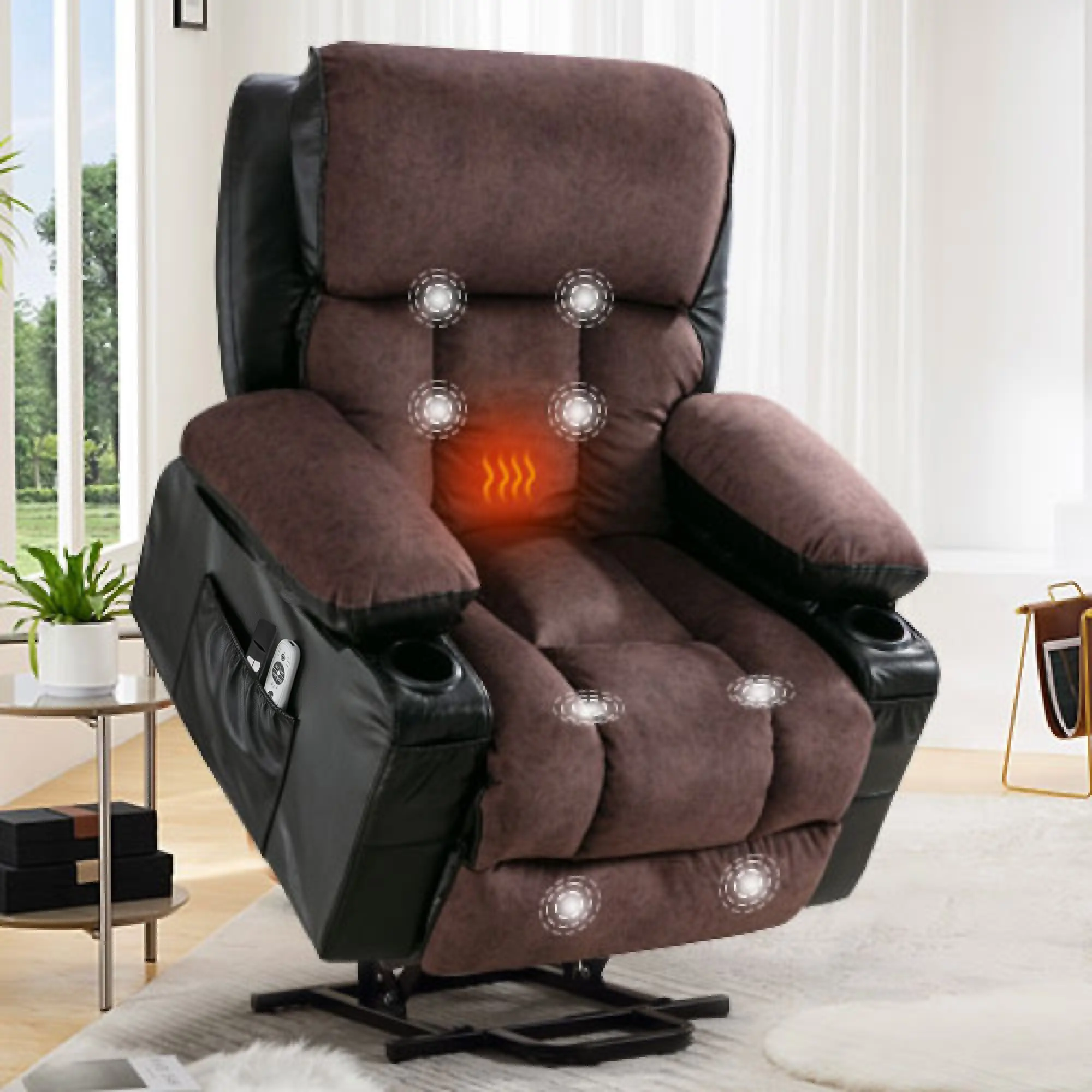Power Electric Massage Lift Recliner Chair for Elderly, Heated Vibration Lounge Chair with USB, Fleece Leather, Black Brown, Living Room Bedroom Reclining Chair for Relaxation and Napping, Dining Room Chairs for Kitchen, Dining Room