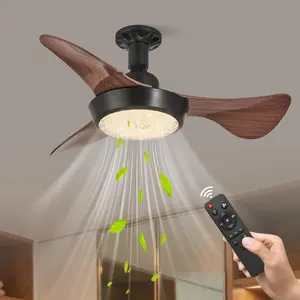 25 Inch Wooden Ceiling Fan with Lights Remote Control, E27 Socket 3 Blades Outdoor Fan, Quiet High Wind LED Light, Suitable for Bedroom Living Room Dining Room