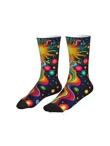 Men Women Black Background Colorful Swirly Sun Cosmic Bubble Mid Calf Socks Trippy Hippie Y2K Streetwear Socks