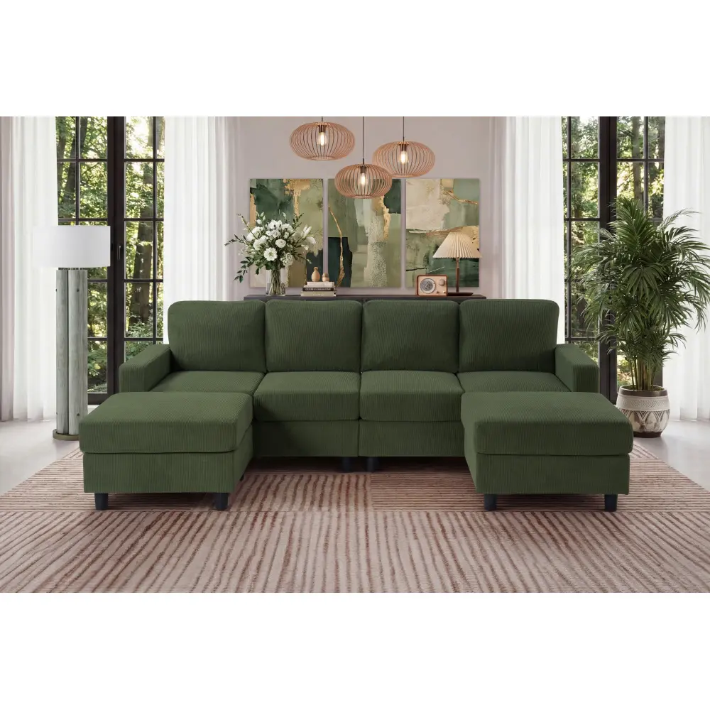 98.8" Full-Sized Corduroy U-Shaped Sectional Couch - 4-Seat Divideable Double-Ended Cushion Sofa Set, 4-Leg Sturdy Frame, Thick Padding, Modular Corner Sofa for Living Room, Family Room, Cushion Sofa Sets, Divideable Sofa Sets