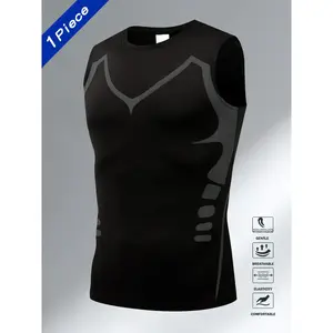 Men's Sport Sleeveless Vest, Tight Sports Vest, Quick-Dry Breathable Cross Slimming Tight Training Elastic Compression Top, Casual Round Neck Polyester Knit FabricRAIMENTRY