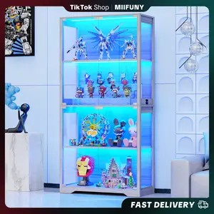 MIIFUNY Display Cabinet with Glass Doors, Storage Cabinet with 3 Color Light, 4-Tier Curio Cabinet & Bookcase for Collectibles, Toys, Books, for Playroom, Bedroom, Study Room, Gray