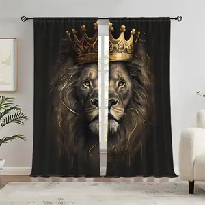 Lion Print Curtain, Pole Pocket Style Lightweight Semi-Shade Polyester Curtain, Window Decoration for Home Living Room Bedroom Balcony Kitchen