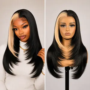 13x6 Glueless HD Lace Frontal Wigs Wear  Graduation Wig And Go Pre Plucked Pre Layered Pre Cut Synthetic Lace Front Wig No Glue Layered Straight Frames Face Nice Beginners Friendly#26 inches Long Natural Hairline Blonde Wigs