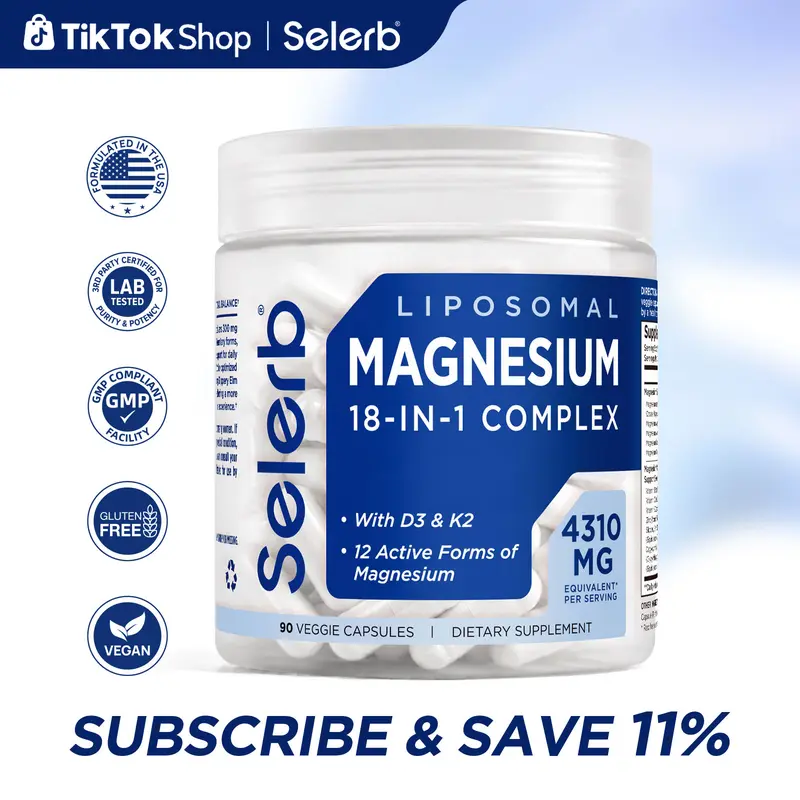 Selerb 18-IN-1 Magnesium Complex – 12 Active Forms of Magnesium with Vitamin B6, D3, K2, Zinc & Slippery Elm – Supports Sleep, Relaxation, Muscle Recovery & Overall Health – 90 Veggie Capsules