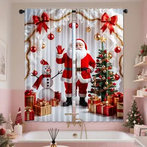 2-piece Set, Christmas Curtains - Santa Snowman Print Red and Gold Translucent Light Decoration, Rod Pocket, Suitable for Living Room, Bedroom, Office Holiday Decoration, European Seasonal Home Decoration, Christmas Gifts, Privacy Grommet Curtains