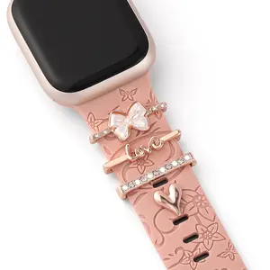 Charms for Apple Watch Band 40mm 45mm 38mm 41mm 44mm 42mm 49mm Women,Diamond Metal Jewelry Decorative Rose Gold Ring Loops for iWatch Series 9 8 7 6 5 4 3 se,Galaxy watch FE/7/6/5/4,Silicone Leather Strap Charm Wearable Accessories(No Watch and Band)