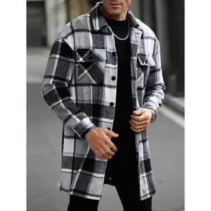 KZZ Men's plaid check long coat, with a buttoned lapel, loose fit, front button pockets, suitable for daily wear in autumn and winter, comfortable and warm, men's trench coat, autumn and winter. christmas gifts for him