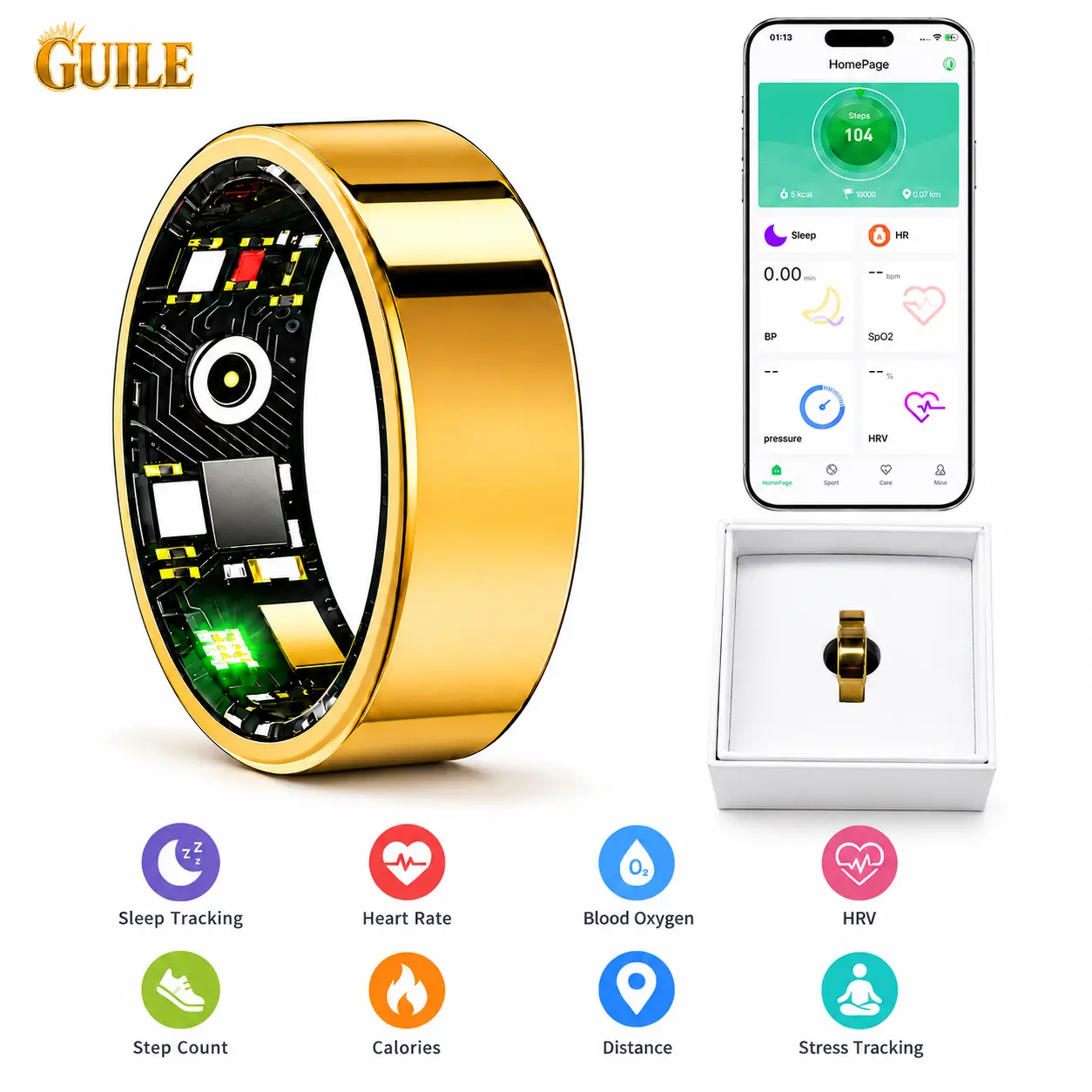 Guile Smart Ring - Gold Color, Sleep Tracking, Heart Rate, Blood Oxygen, HRV, Step Count, Calories, Distance, Stress Tracking Wearable Monitor Wristwatch