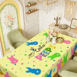 PLUMLIK Easter home decor Tablecloth, Round / Rectangle Table Cover With Colorful Candy Rabbit, Polyester Waterproof Table Decor, Easter Decoration For Brunch, Farmhouse Kitchen, Gift For Easter, Housewarming, Durable And Washable Tablecloth