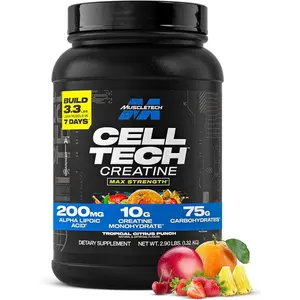 Creatine Monohydrate Powder - Cell Tech Creatine Post Workout Recovery Drink and Muscle Building Supplement - Tropical Citrus Punch Flavor - 3lbs 27 Servings - Packaging May Vary