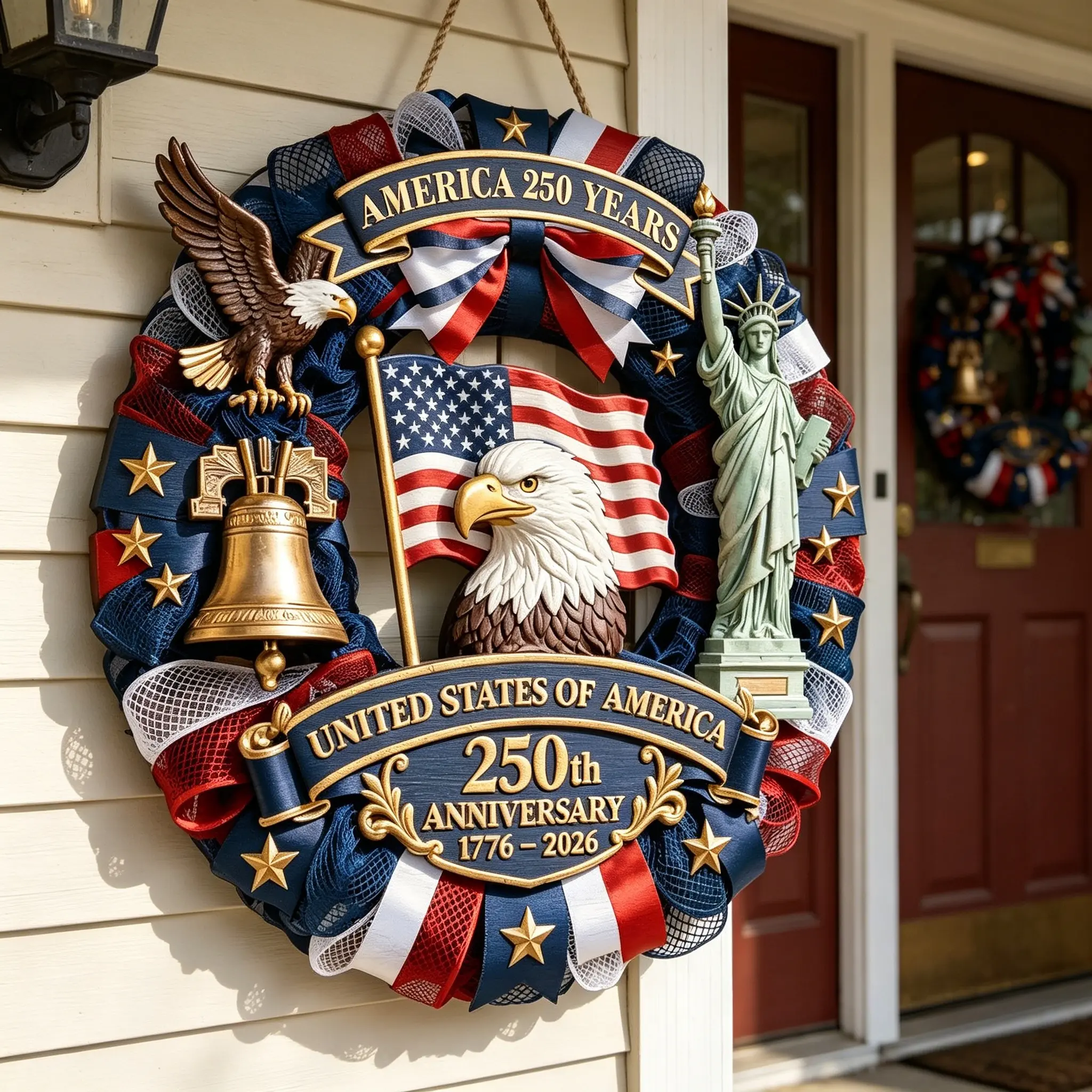 2026 USA 250th Anniversary Patriotic Wreath, 4th of July Wooden Door Hanger with American Flag, Bald Eagle & Statue of Liberty, Independence Day Home Decor for Front Door Porch