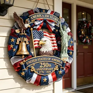 2026 USA 250th Anniversary Patriotic Wreath, 4th of July Wooden Door Hanger with American Flag, Bald Eagle & Statue of Liberty, Independence Day Home Decor for Front Door Porch