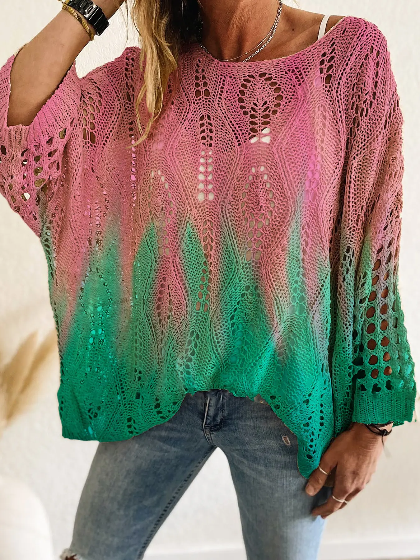 Women's Ombre Long Sleeve Knit Top, Casual Loose Fit Batwing Shoulder Design, Spring Summer Fashion, Elegant, Perfect for Beach, Vacation & Commuting