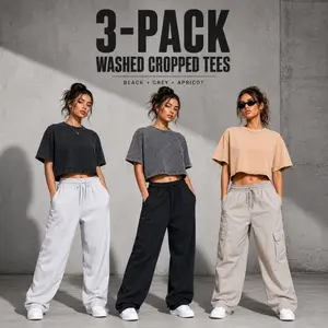 3 Pack Cropped T Shirts for Women, Acid Wash Cotton Crop Tops, Oversized Short Sleeve Vintage Washed Tee Shirts, Casual Boxy Fit Basic Tops