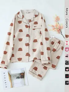 Two-Piece Set Women's All Over Print Lapel Shirt & Elastic Waist Pants Pyjama, Long Sleeve Pocket Button Up Top & Trousers PJ Set, Women's Sleepwear for Spring & Fall Pajama Set