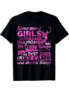 Graphic T-Shirt for Men Featuring a Retro Deer Hunting And Country Lifestyle Theme, with a Crew Neck And Short Sleeves. It Showcases The Slogan 'Like Diamonds & Pretty Things' Along with a Camo And Deer Design