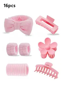 16pcs Bowknot Face Wash Hair Band Set, Includes Hair Clip Wristband Headband, Seamless Rubber Bands, Gift Box Set for Daily Use