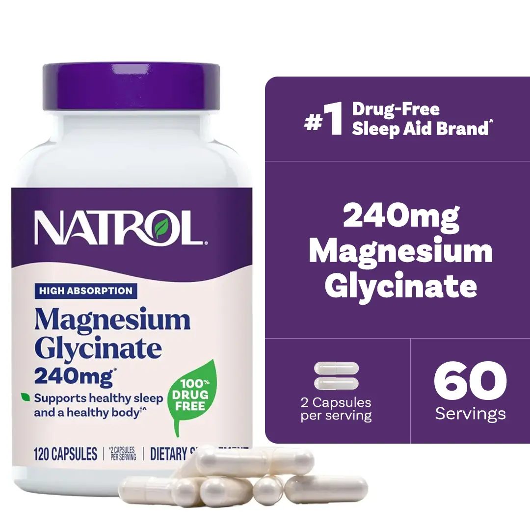 Natrol Magnesium Glycinate 240mg High-Absorption Daily Supplement Capsules - Muscle Support, Metabolism Boost, Selfcare for Body Health & Healthy Sleep, 120 Count (Up to 60-Day Supply)