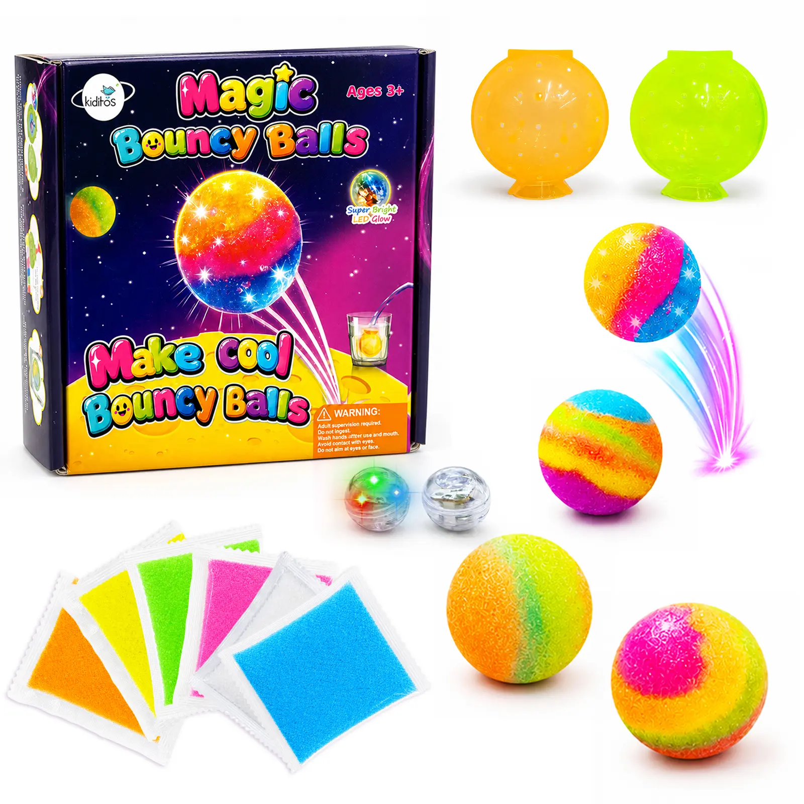 Kiditos DIY Light-Up Bouncy Ball Making Kit for Kids Ages 3+, Ultimate Magic Science Craft Set with LED Lights, 6 Color Powder Packs & 2 Ball Molds, Creative Science Project, Birthday Gift & Party Activity for Boys & Girls