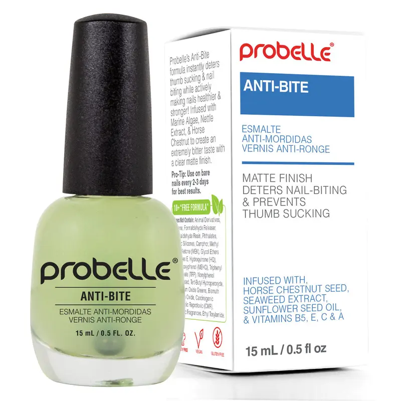 Probelle Gentle Nail Care Anti-Bite Deterrent Liquid Matte Polish - Unisex 3+ Ages Thumb Guard Treatment, Bitter Taste, Calcium-Infused, Marine Algae & Horse Chestnut, 0.5 fl oz (15 ml)