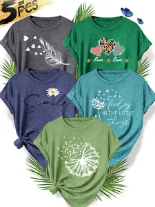 5Pcs Women's Crew Neck T-Shirts, Daisy Slogan & Dandelion Feather Print, Multiple Colors Available, Machine Washable, Spring & Summer Casual Tops, Soft Skin-Friendly Fabric, Daily Versatile, Fashion Design