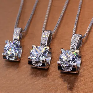 Shiny round cut cubic zirconia pendant necklace with Mozambique adjustable sterling silver chain for women, anniversary Valentine's Day Christmas jewelry gift