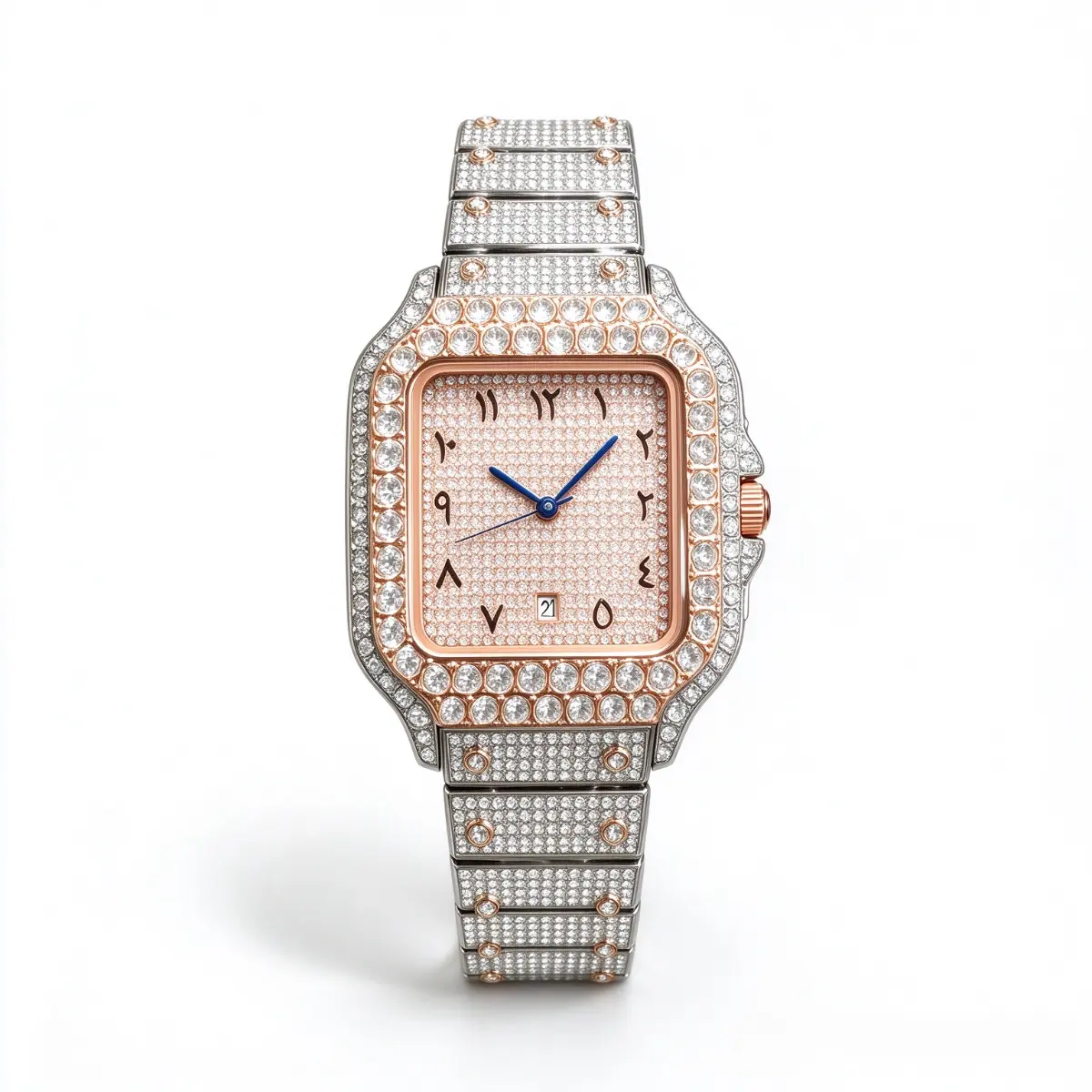 Luxury Encrusted Watch with Rose Gold Dial Bracelet for Elegance and Style iced rectangle case Classy wrist watches Silver-Colored wrist watches Rainbow Diamond wrist watches luxurious fashion men casual stainless steel daily clothing decor