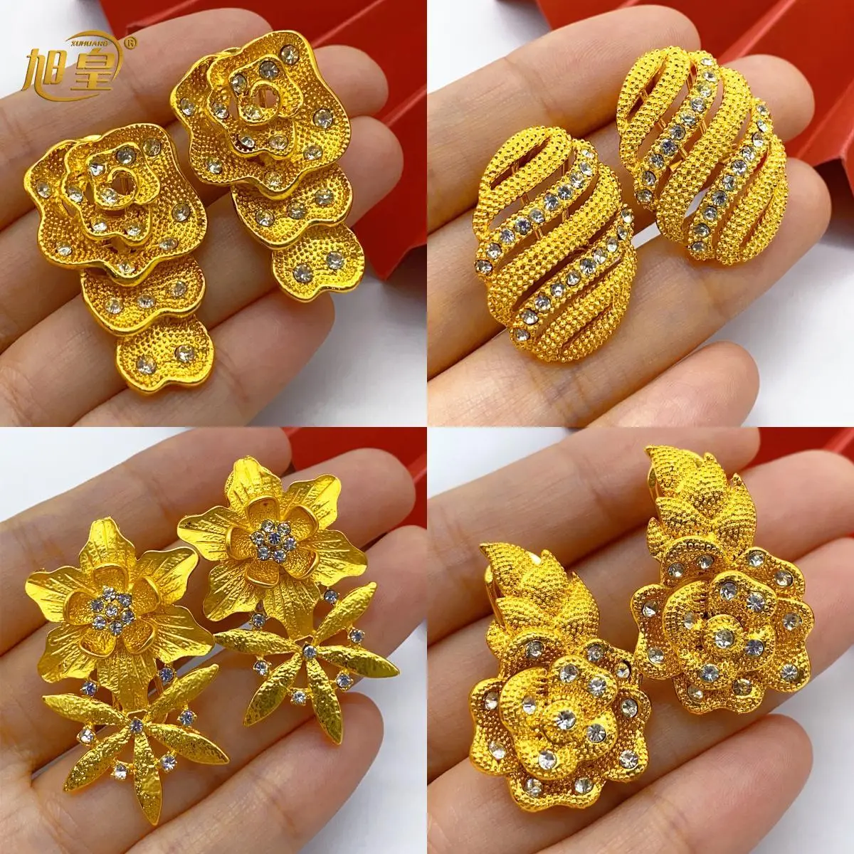 Round Stud Earrings for Women, Indian African Dubai Style Floral Jewelry in Gold-Plated Copper for a Female Wedding & Party, Fashion
