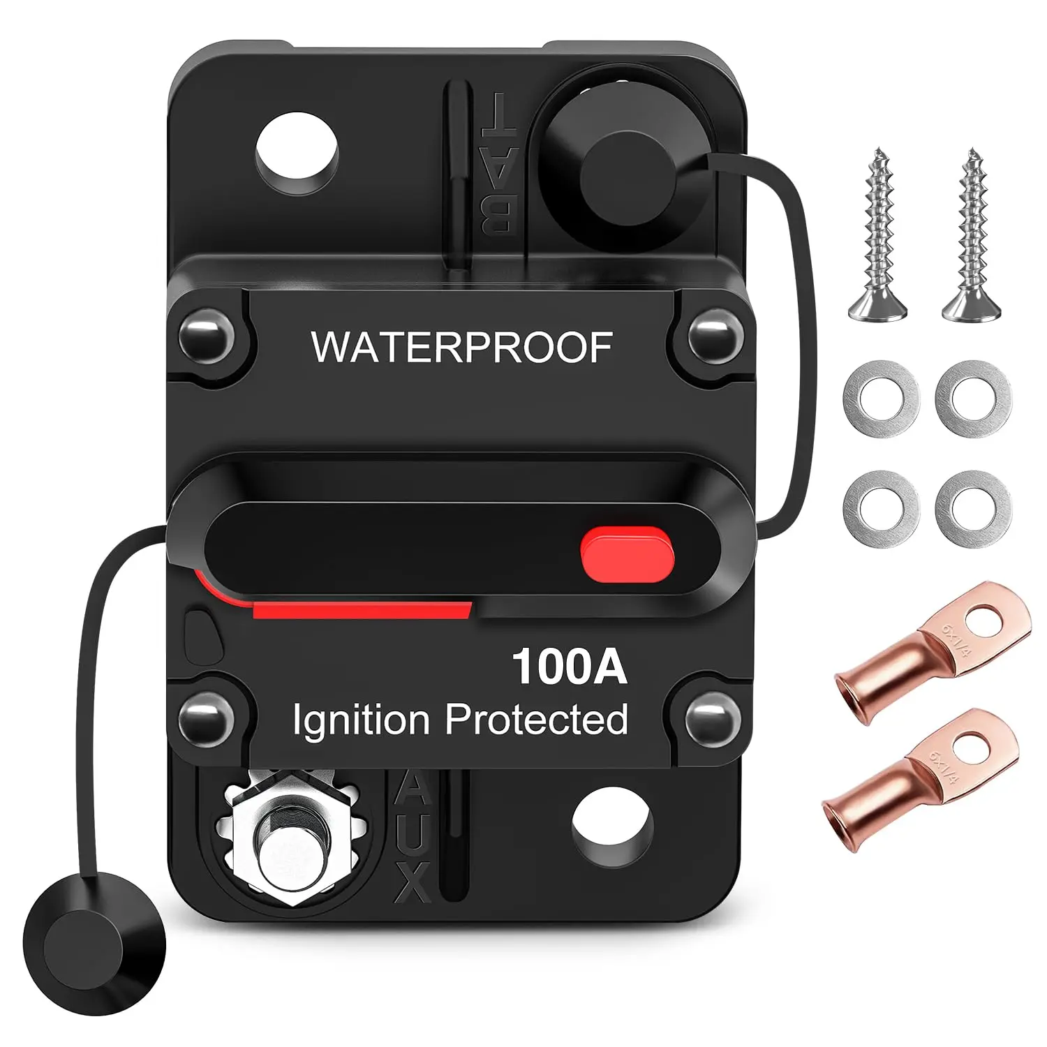 Nilight 100A Resettable Circuit Breaker Kit - 12-48V DC Manual Reset Button, Copper Wire Lugs, Surface Mount Outdoor Protector for Car Audio Amplifiers, Boat, ATV, Marine Transportation, Black Box with 2-Year Warranty, Full Kit, Waterproof Housing