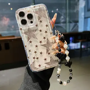 Star Pattern Phone Case with Beaded Chain, Shockproof Phone Protective Cover, Phone Accessories Compatible with iPhone 11 12 13 14 15 Pro Max