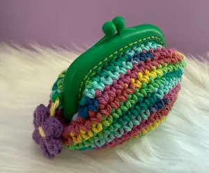Crochet Rainbow Bloom Coin Purse Handmade Heartfelt Mini 3.5 x 3 Vibrant Stripes Purple Flower Green Clasp Perfect for Gifting