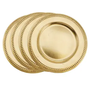 SARO  14 in. Round Embossed Bead Border Design Charger Plate - Gold Set of 4