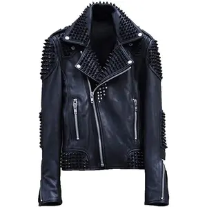 Men’s Custom Black Studded Leather Biker Jacket – Extreme Spiked Punk Rock Moto