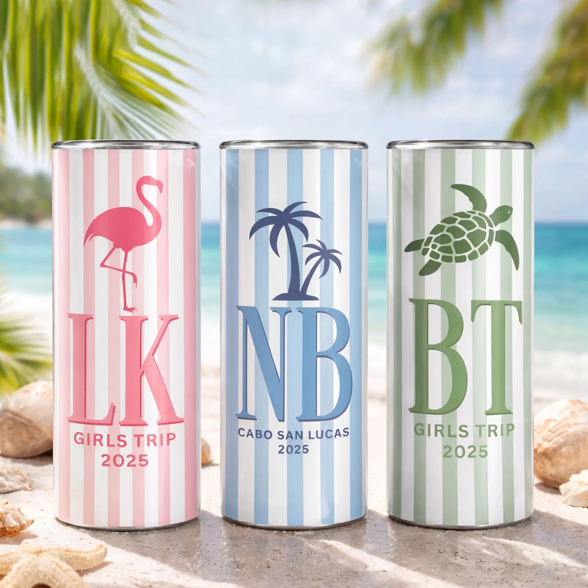 BojjiCo Custom-Printed Skinny Stainless Steel Water Bottle - Reusable, Insulated, Portable, Anti-Leak, Non-Toxic Logo Drinkware for Women, Preppy Coastal Beach Party Favors, Pastel Pink Blue Green Striped Tumbler, Reusable Water Bottles, Custom-Printed Wa