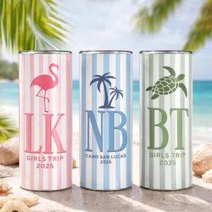 BojjiCo Customized Skinny Stainless Steel Water Bottle - Reusable, Insulated, Portable Plastic Drinkware for Women, Preppy Coastal Beach Birthday Party Favors, Bride & Bridesmaids Souvenir, Pastel Pink Blue Green Striped Tumbler