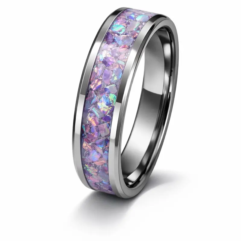 Aurora Opal – Tungsten Ring with Crushed Opal Inlay