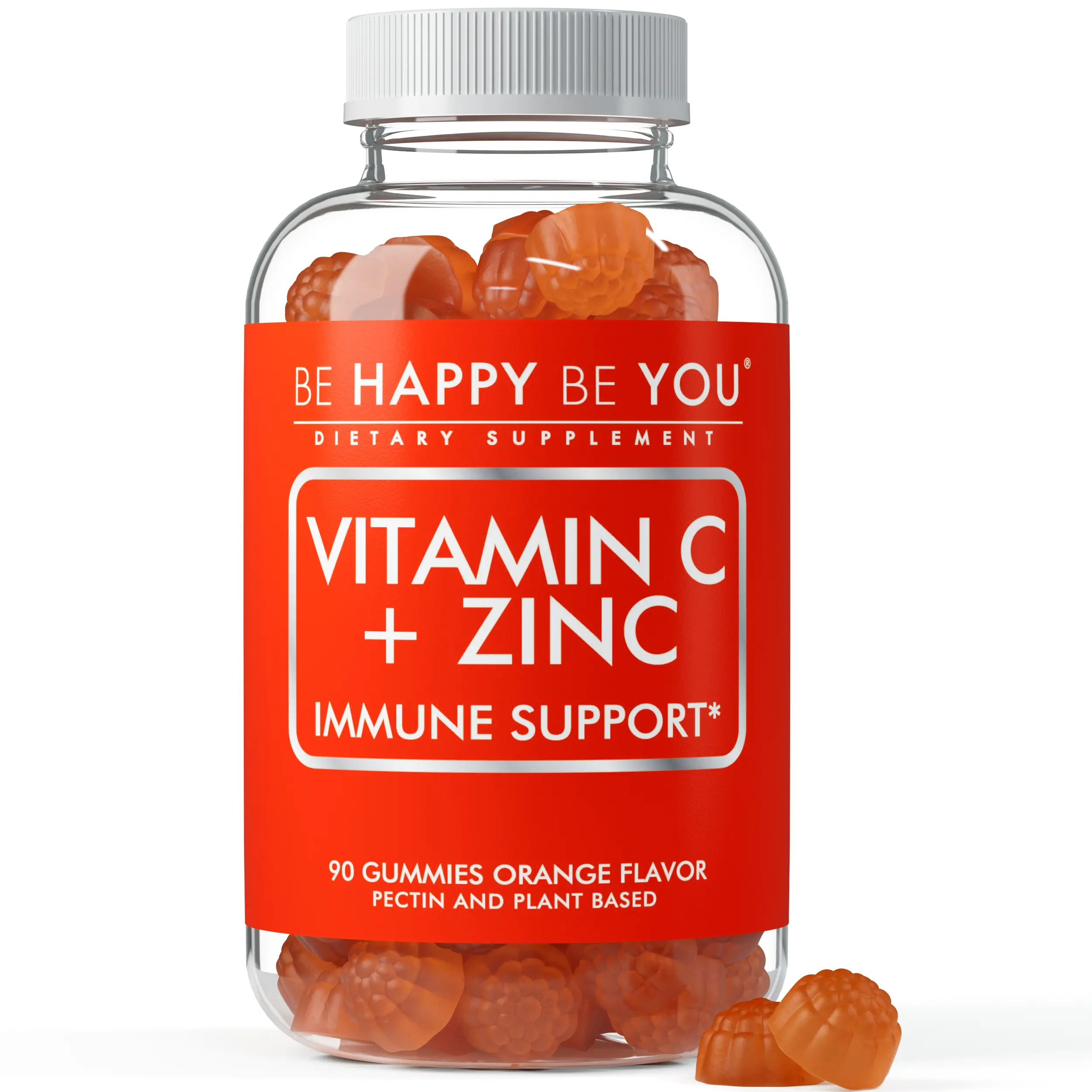 Be Happy Be You Vitamin C + Zinc Gummies for Daily Immune Defense Support – 90 Count Orange Flavor