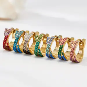 18K Gold Plated Stainless Steel Colorful CZ Zircon Huggie Earrings, X Cross Design Multi-Size Hoop Earrings, Waterproof Tarnish Resistant Hypoallergenic Jewelry Gift for Women