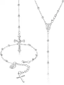 2 Pcs Silvery Unique Catholic Rosary Devotional Set for Women Men Elegant Rosary Necklace Bracelet with Miraculous Medal Cross Sacred Jewelry Gift for Baptism Confirmation Faithful Loved Ones